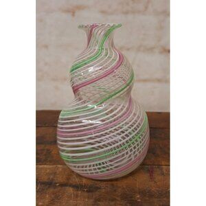 Murano Glass 4" Bud Vase Threaded Venetian Pink Green White Swirled